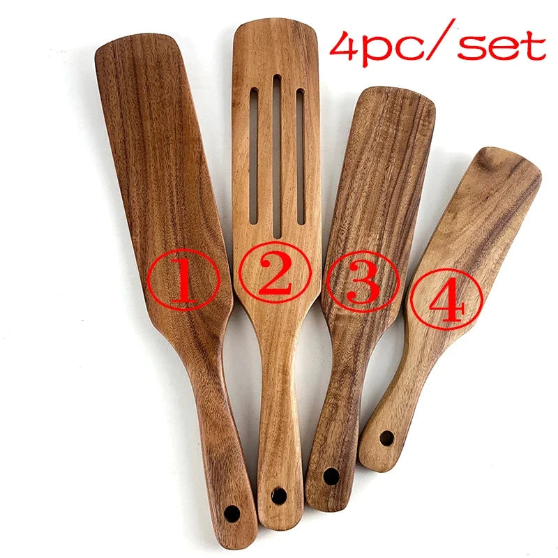 7pcs/set Teak Natural Wood Tableware Spoon Ladle Turner Rice Colander Soup Skimmer Cooking Spoon Scoop Kitchen Reusable Tool Kit Peaceful Pleasures Health and Wellness shovel 4PC
