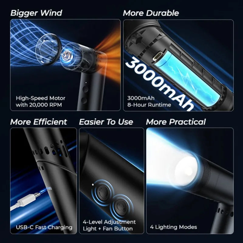 Metal Folding Handheld Fan with LED Flashlight – USB Rechargeable