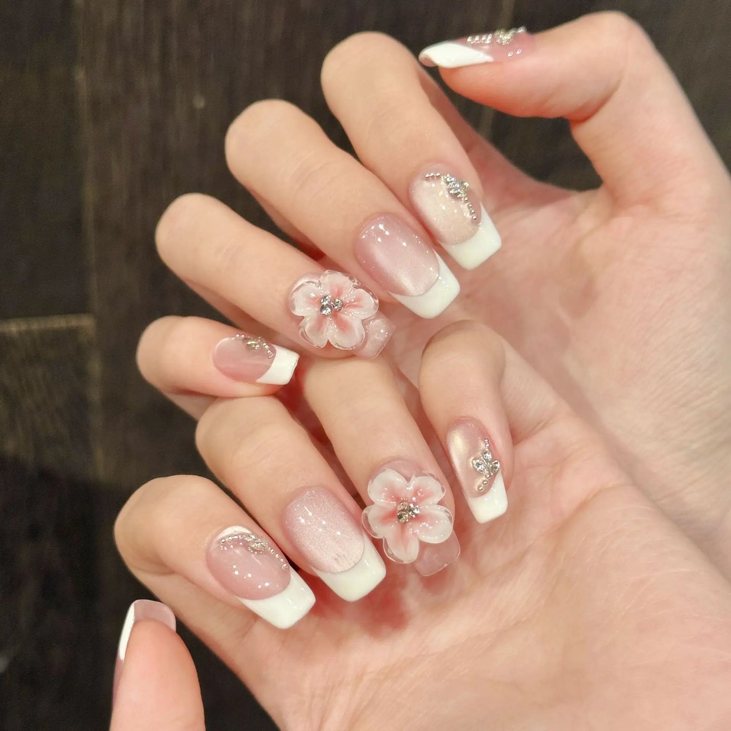 10pcs Handmade Press on Nails White French Cat Eye Fake Nails with 3d Carving Flowers Wearable Reusable Ins Simple False Nails Peaceful Pleasures Health and Wellness L