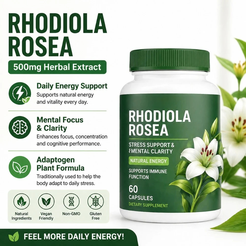 Rhodiola Rosea 500mg Capsules – Energy, Focus & Adaptogen | 60ct