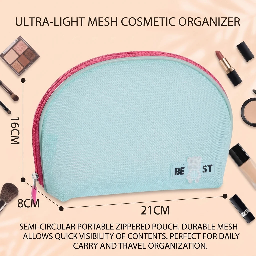 Travel Toiletry Bag Portable Cosmetic Pouch With Half-circle Mesh Design For Travel Makeup Storage Peaceful Pleasures Health and Wellness