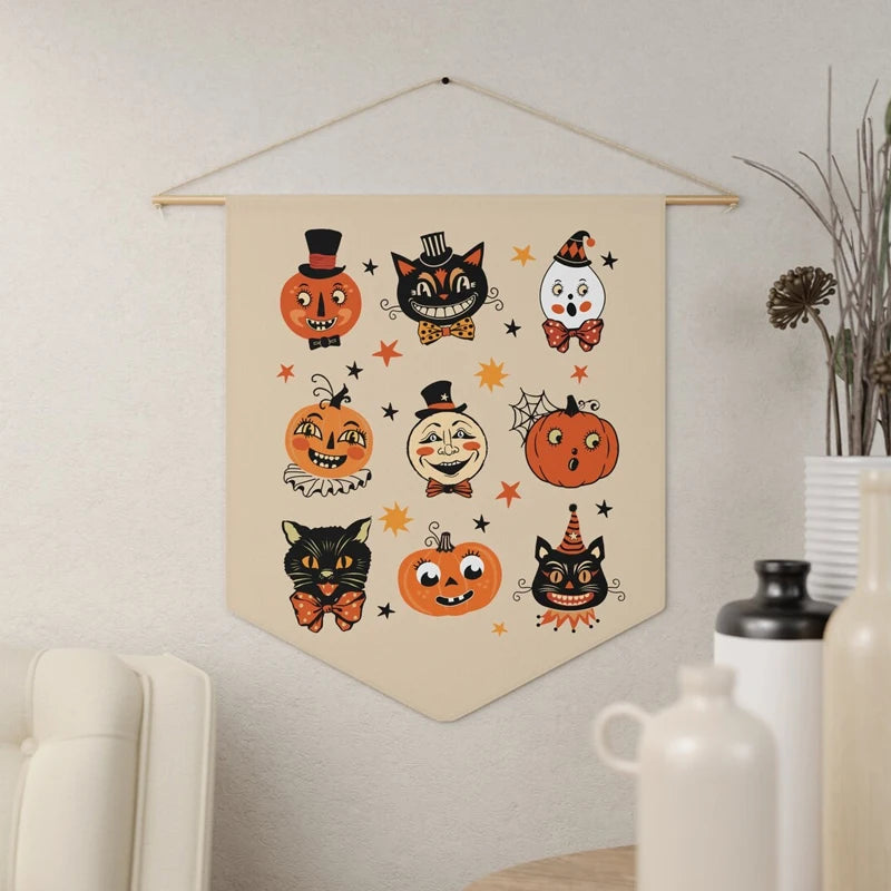 Vintage Halloween Black Cat Pumpkin Pennant Banner Wall Art