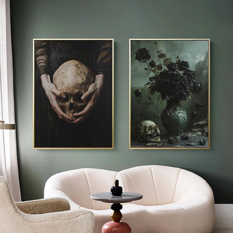 Dark Moody Victorian Witch Canvas Wall Art | Raven Skull Print
