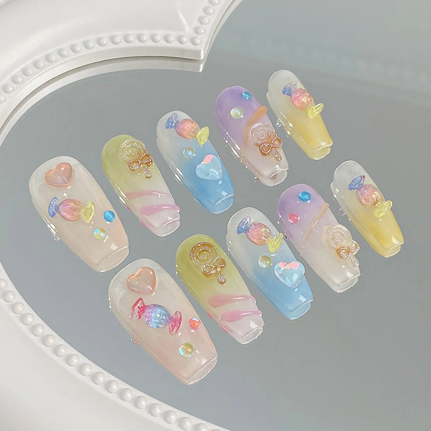 Korean Candy Crystal Press On Nails – Colorful Handmade Set Press On Nails Peaceful Pleasures Health and Wellness