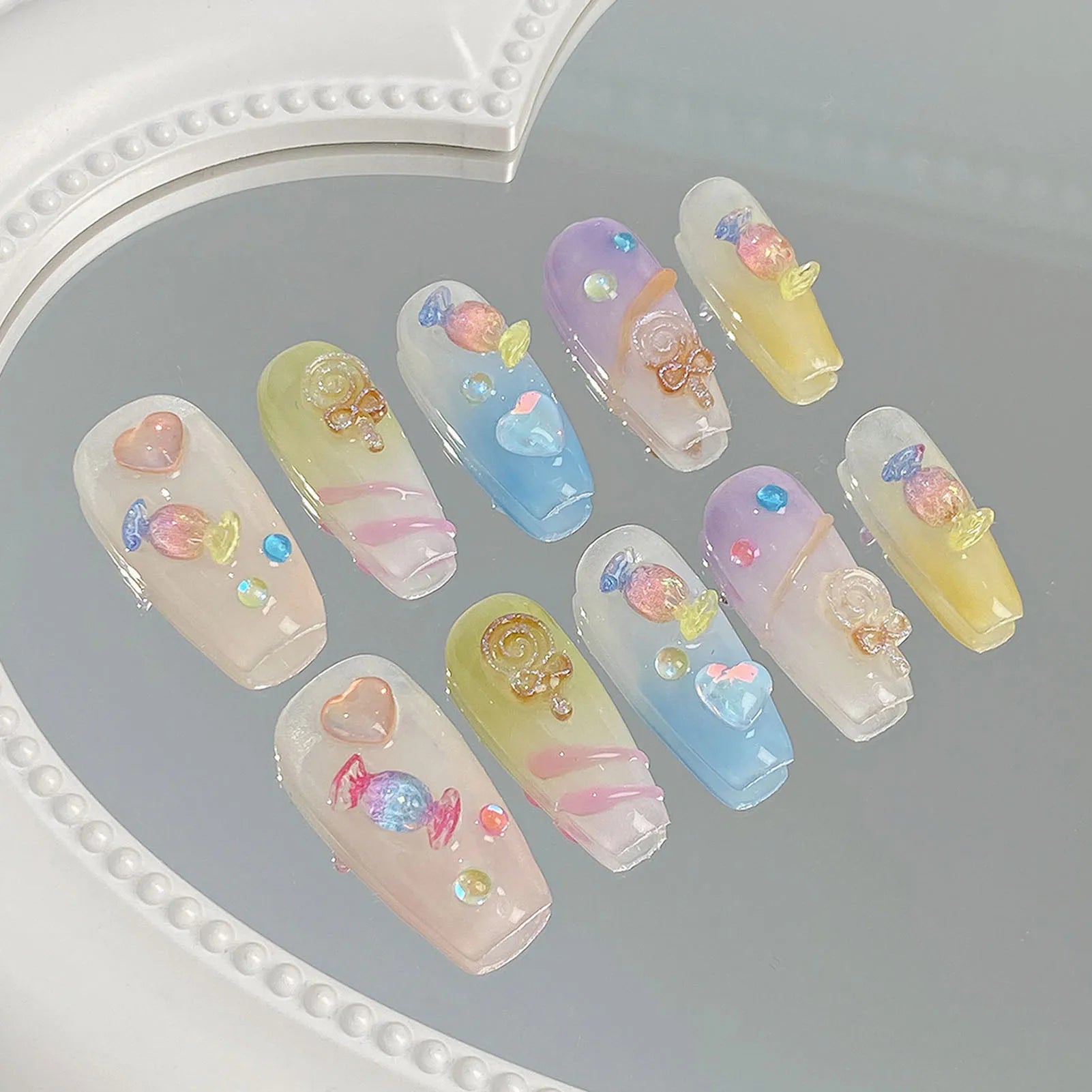 Korean Candy Crystal Press On Nails – Colorful Handmade Set Press On Nails Peaceful Pleasures Health and Wellness