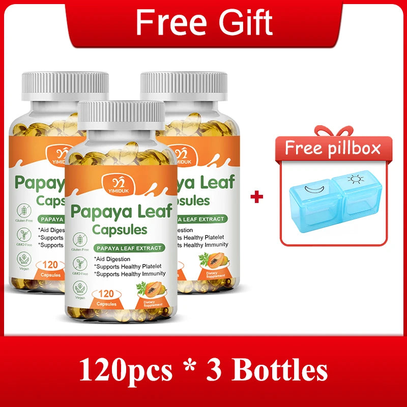 Yimiduk Organic Papaya Leaf Extract Capsules, Support Platelets, Liver Detox & Anti-Inflammatory Benefits, General Well-being Peaceful Pleasures Health and Wellness 120pcs-3 Bottles