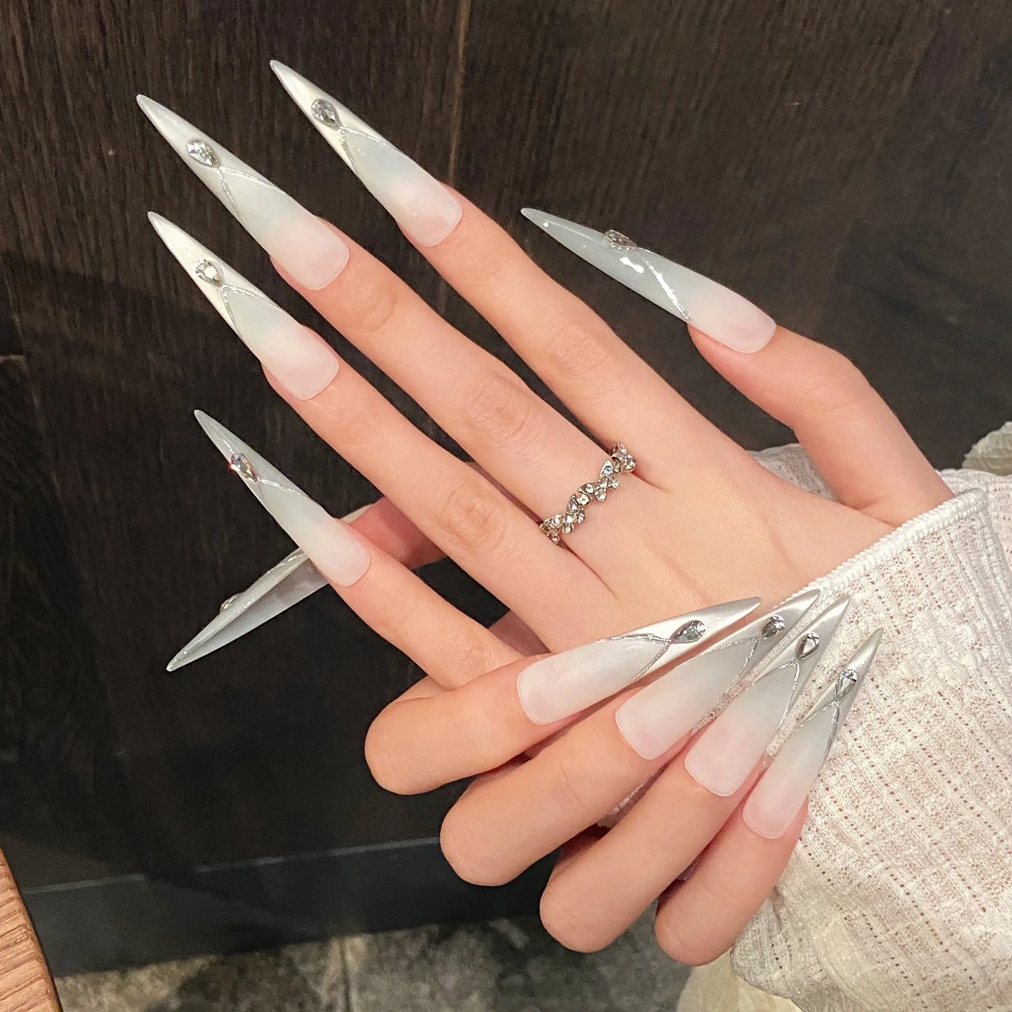 10pcs Handmade Extra Long Pointed Press on Nails Glitter Diamond Decor False Nails Full Cover Wearable European Fake Nail Tips Peaceful Pleasures Health and Wellness