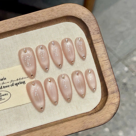 Handmade Press on Nails Ins Simple Nude Pink Cat Eye Fake Nails Full Cover Wearable Sweet Korean Almond False Nail Patches Peaceful Pleasures Health and Wellness L