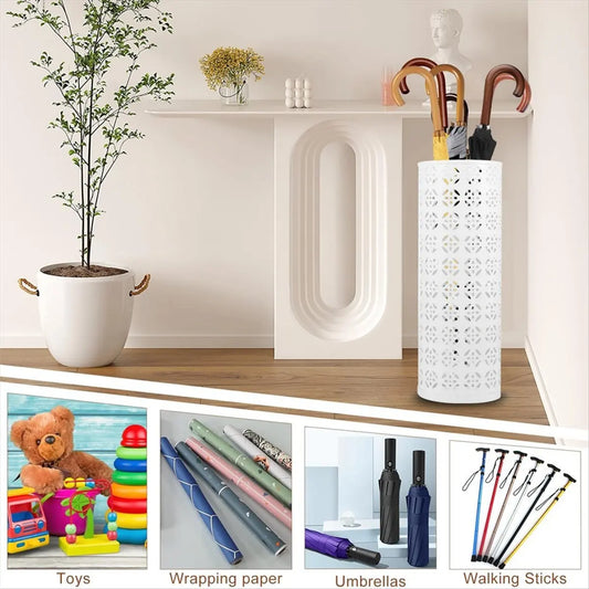 White Metal Umbrella Stand – Circular Freestanding Entryway Peaceful Pleasures Health and Wellness NONE