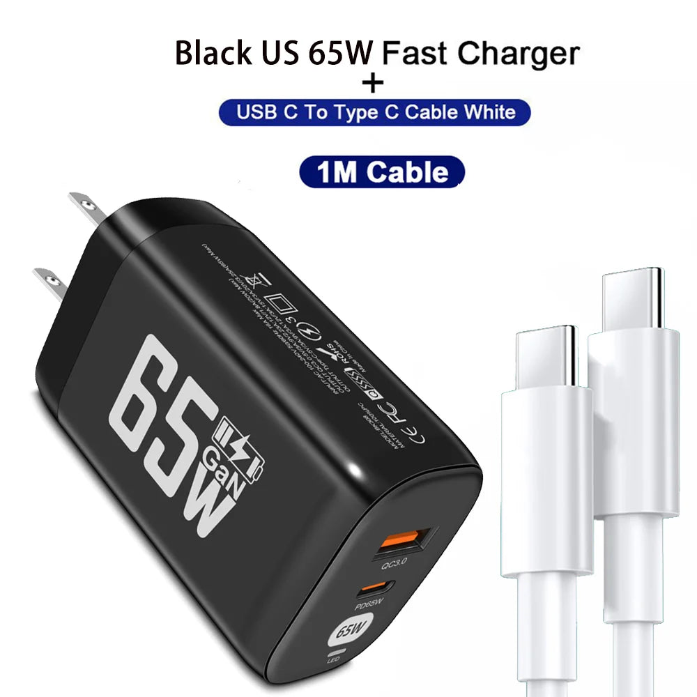 GaN 65W Fast Charger 2-Port PD QC3.0 USB Type C Wall Charger EU Plug Adapter for Laptop iPhone 15 Samsung Xiaomi Peaceful Pleasures Health and Wellness Black US 1M Cable