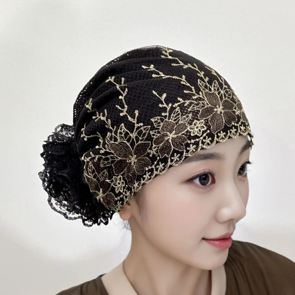 Flower Embroidery Turban Bonnet Hat – Elastic Lace Headscarf