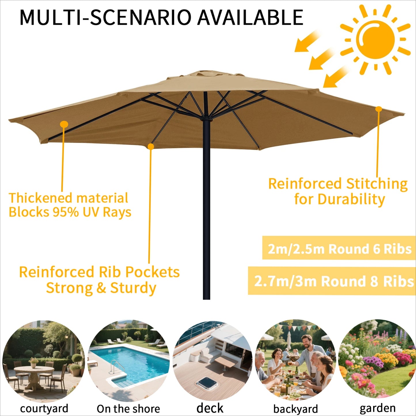 Patio Umbrella Replacement Canopy | 6/8 Rib Anti-UV Sunshade