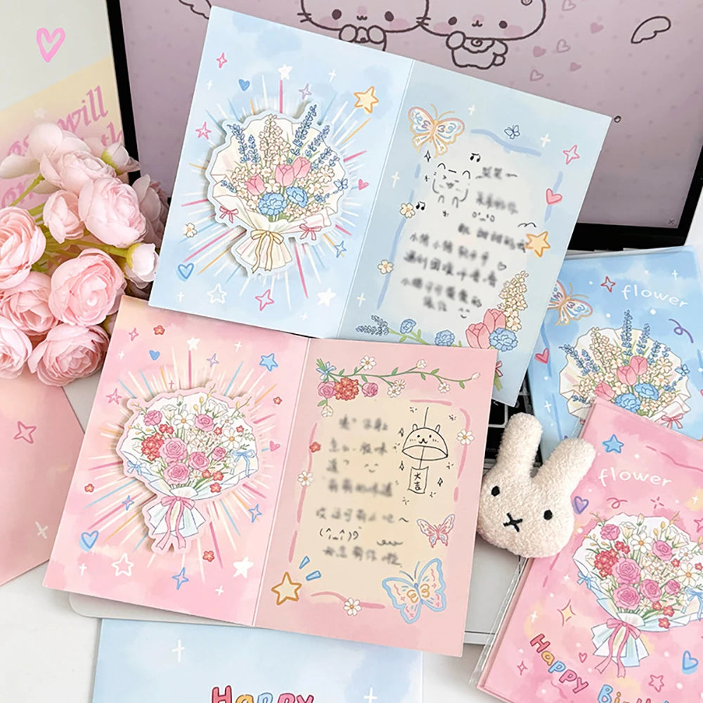 4 Sets Cartoon Flower Greeting Cards Envelopes 3D Foldable Blessing