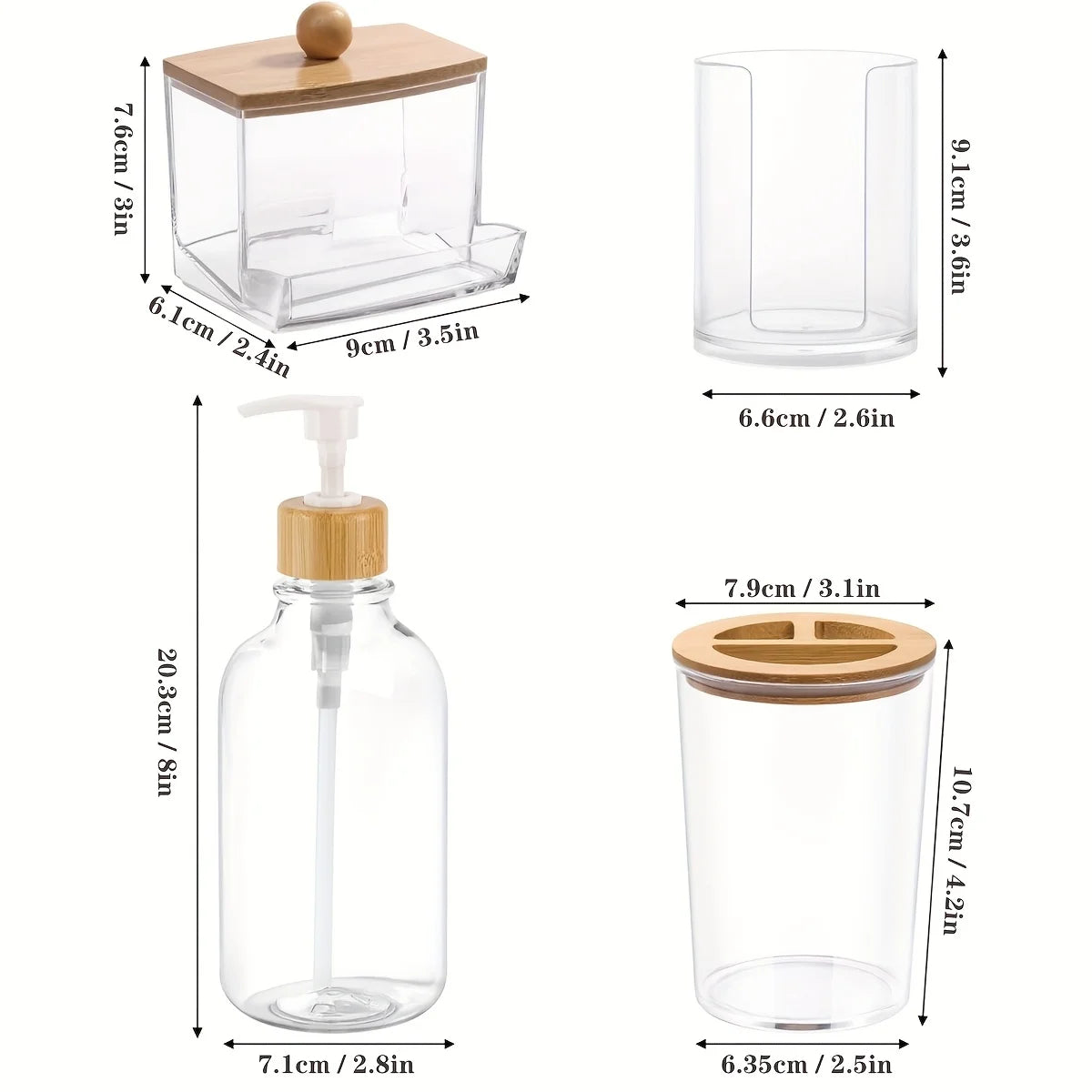 Bathroom Jar Accessories Set 4 Pcs - Clear Toothbrush Holder Plastic Soap Dispenser Bathroom Cup Dispenser Qtip Holder Peaceful Pleasures Health and Wellness 4pcs