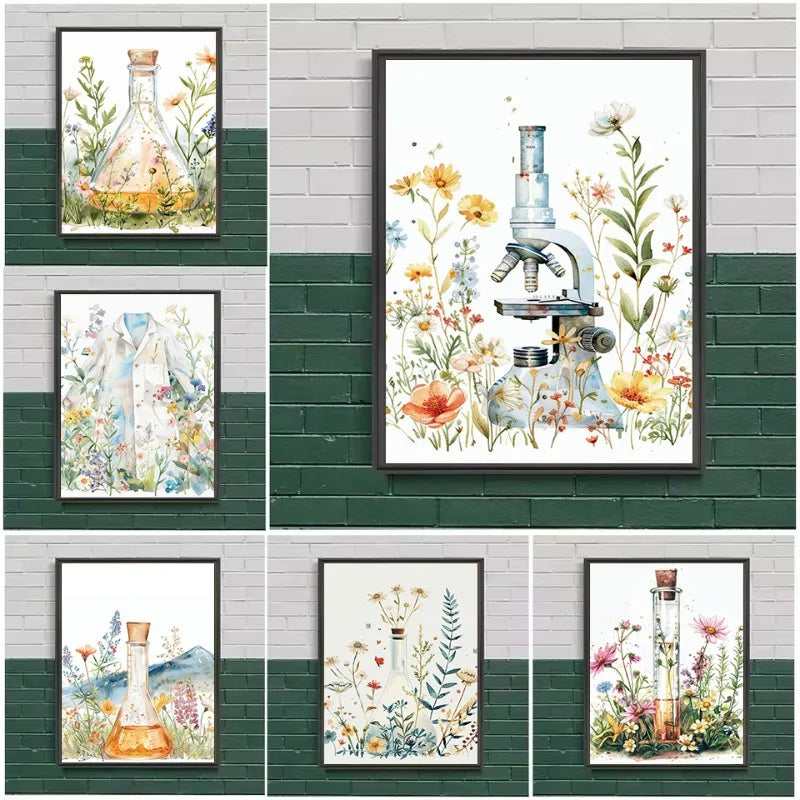 Retro Science Microscope Botanical Canvas Wall Art Poster Print Canvas Wall Art Peaceful Pleasures Health and Wellness