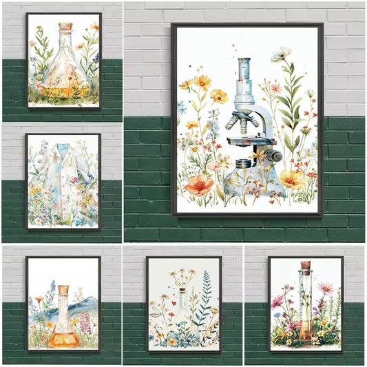 Retro Science Microscope Botanical Canvas Wall Art Poster Print Canvas Wall Art Peaceful Pleasures Health and Wellness