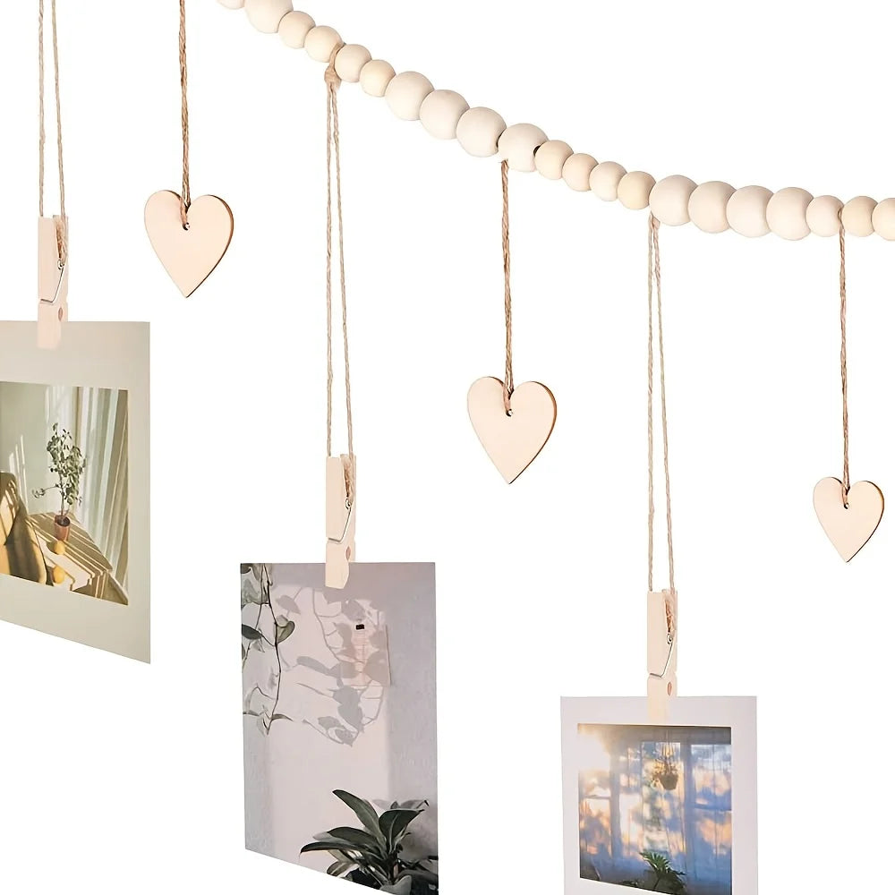 Rustic Boho Hanging Photo Display | Wood Clips & Heart Tags