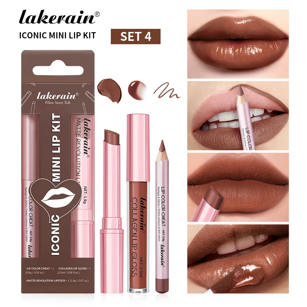 3pcs Lip Makeup Set Lip Liner Lip Gloss Lipstick Mirror Effect Beep Lips High Color Long-lasting Hydrates Travel Mini Set Peaceful Pleasures Health and Wellness set 4