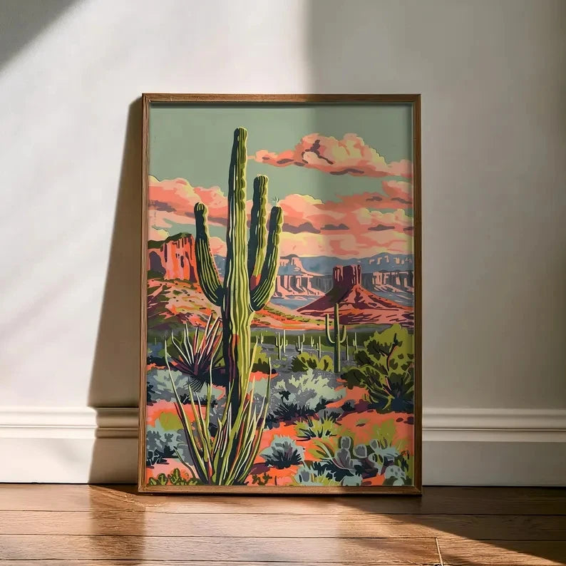 Retro Southwestern Cactus Desert Canvas Wall Art Print