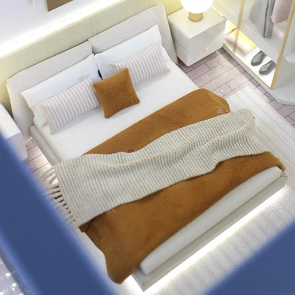 Bedroom Miniature Double Bed Beddings Cream Furniture Decoration