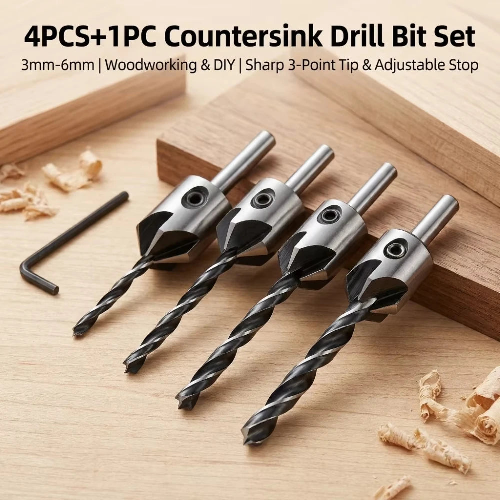 4-Piece Countersink Drill Bit Set – 3–6mm Wood Screw Bits