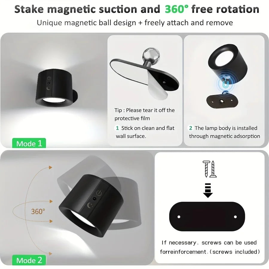 Modern Magnetic Touch LED Wall Lamp Rechargeable 360° Rotation Wireless Remote Control Spotlight For Bedroom Living room decor Peaceful Pleasures Health and Wellness