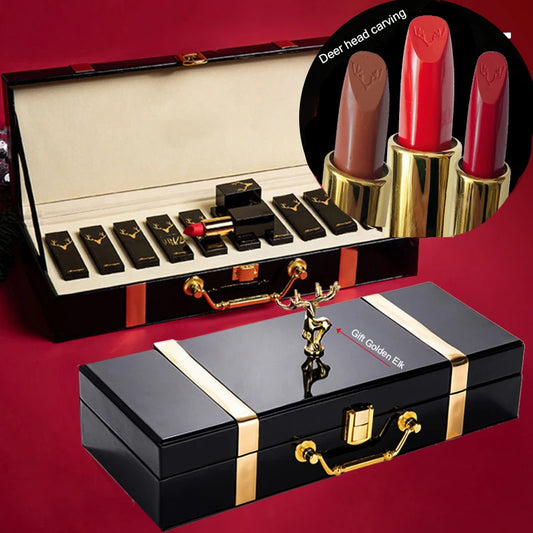 10-Pc Velvet Matte Lipstick Set | Luxury Wooden Gift Box Lipstick Gift Set Peaceful Pleasures Health and Wellness