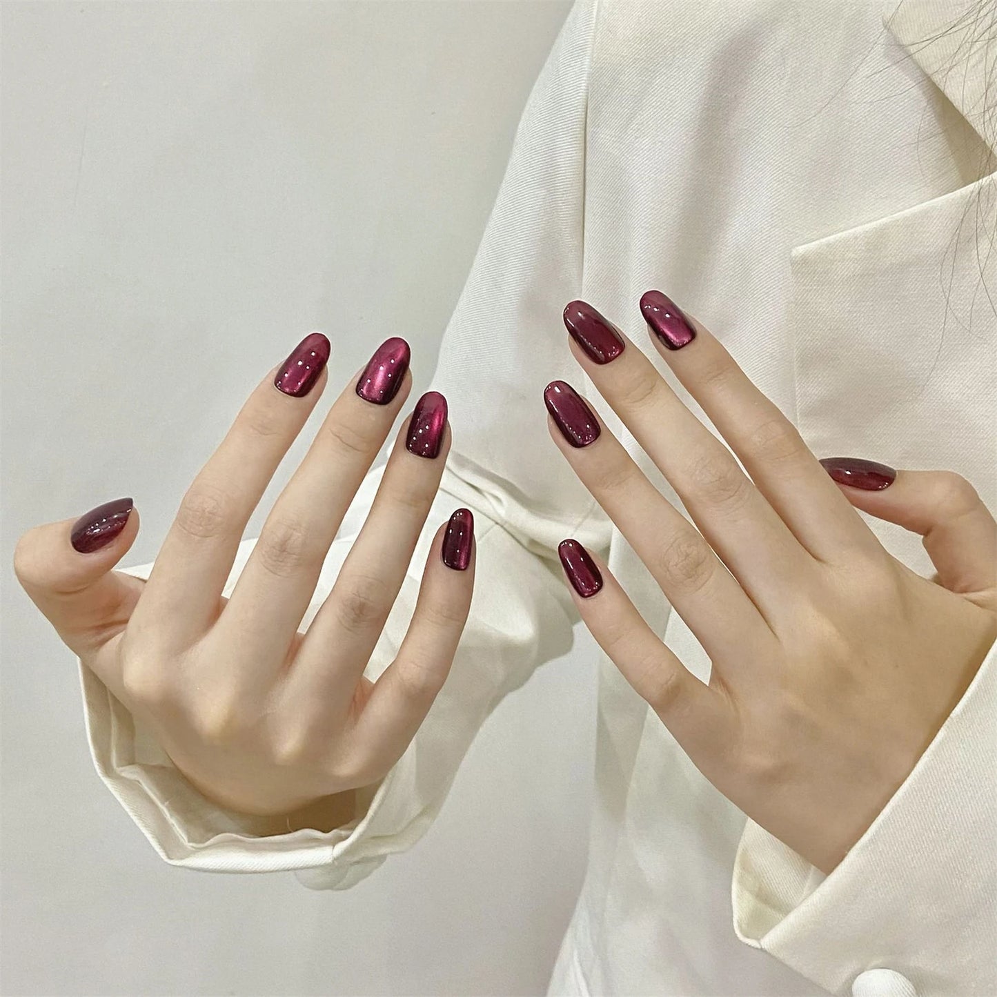 Handmade Press on Nails Shiny Dark Plum Cat Eye False Nails for Lady Daily Wearable Reusable Short Oval Head Fake Nail Tips Peaceful Pleasures Health and Wellness