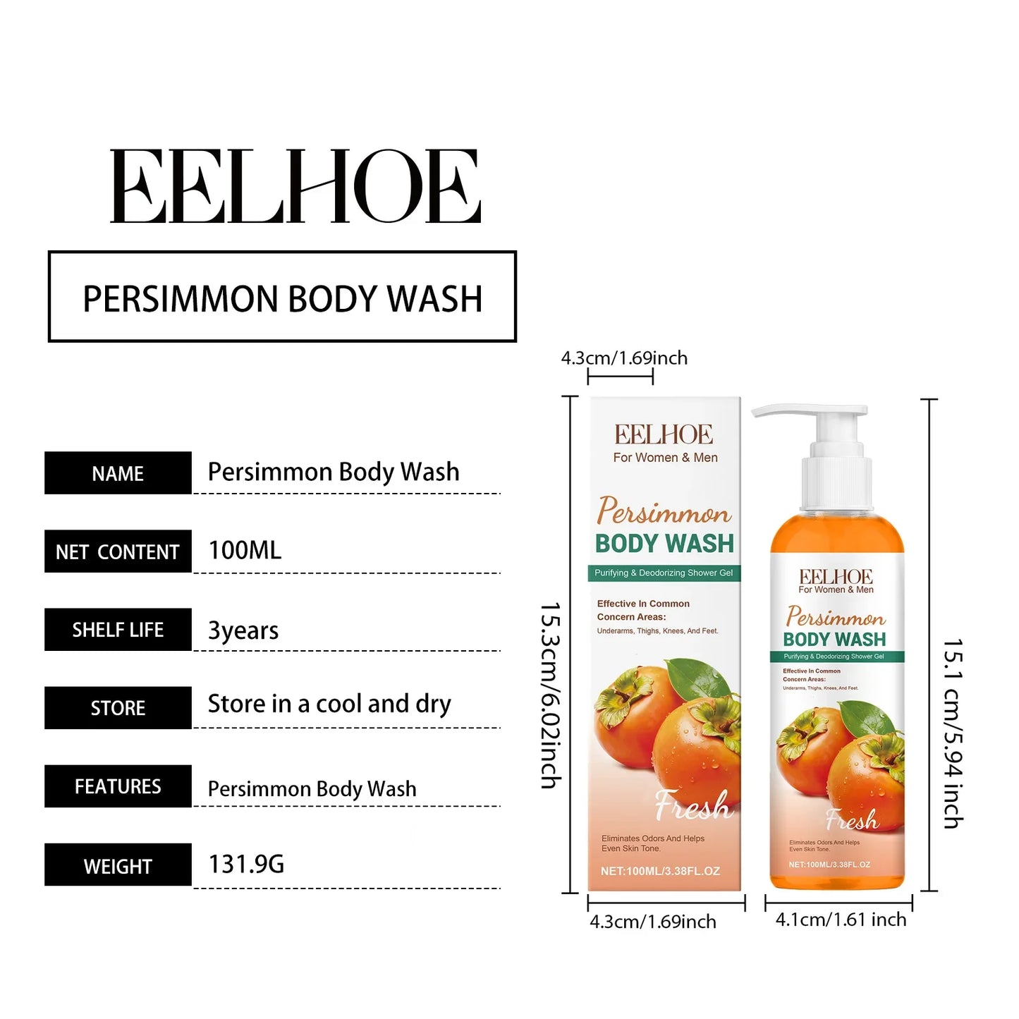 Eelhoe Persimmon Body Wash – Exfoliating Odor-Control Shower Gel