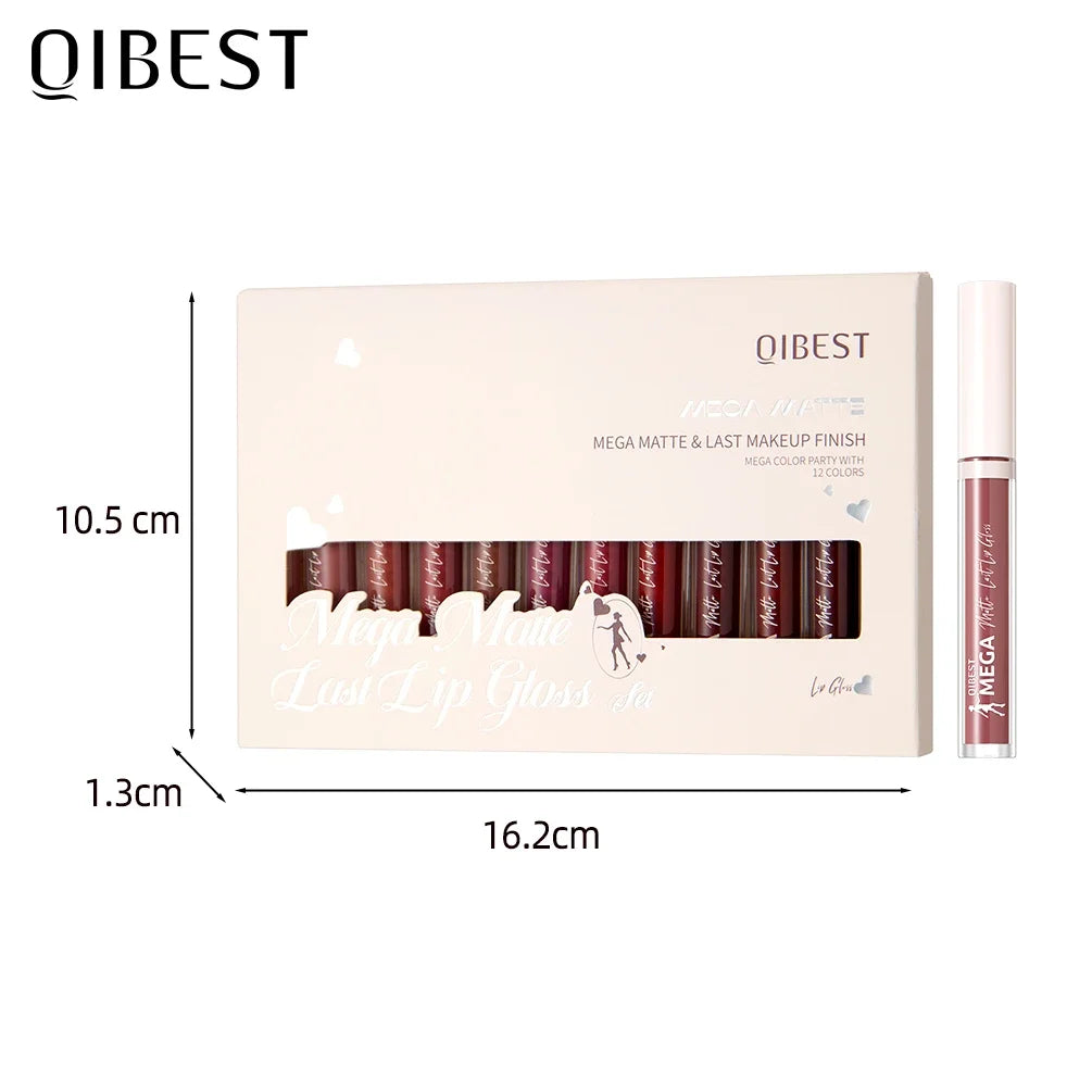 QIBEST 12pcs/set Nude Lip Gloss Matte Velvet Lipstick Waterproof Long-lasting Liquid Lipstick Women Makeup Moist Lip Glaze Tint Peaceful Pleasures Health and Wellness