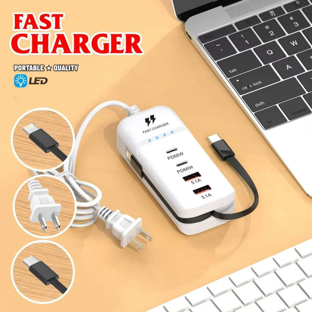 66W USB-C Fast Charger Station PD QC3.0 | 4-Port Wall Charger