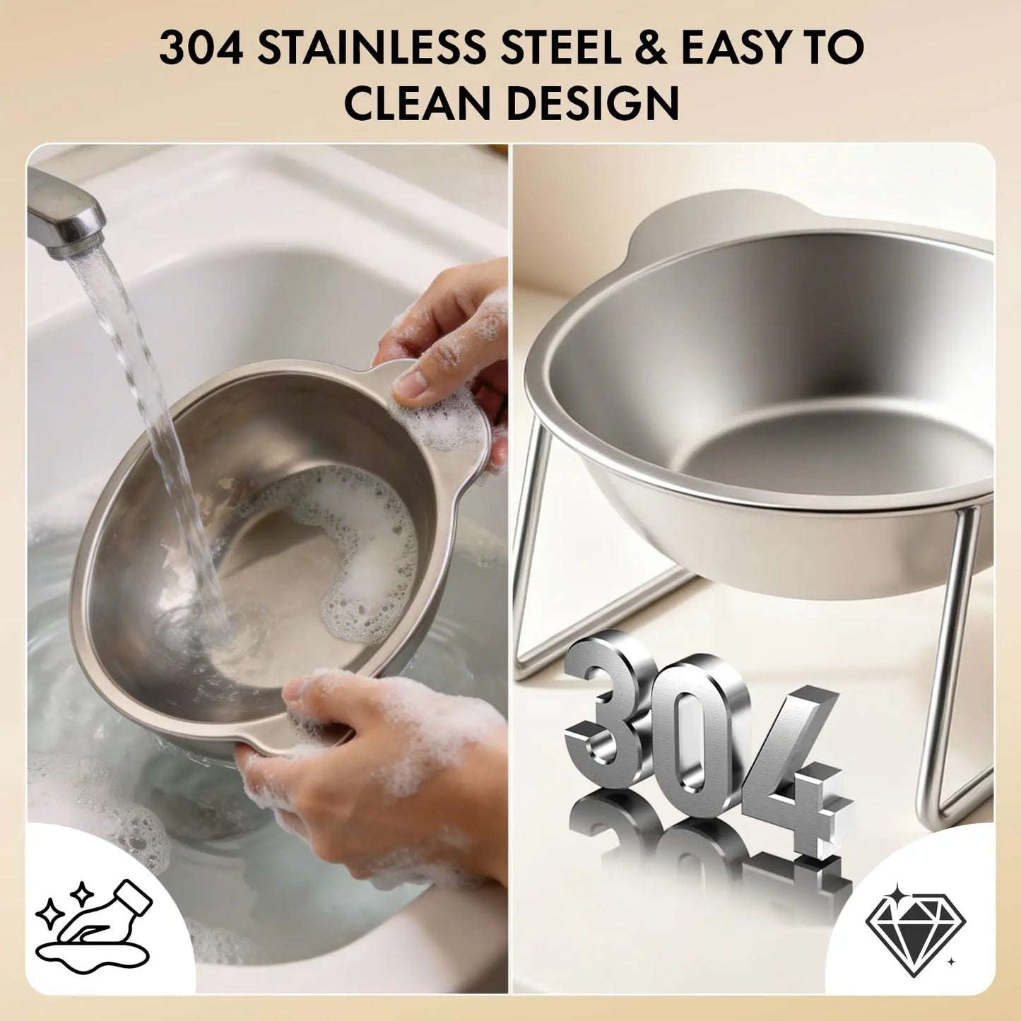 304 Stainless Steel Raised Cat Bowl | 15° Tilted Elevated Design