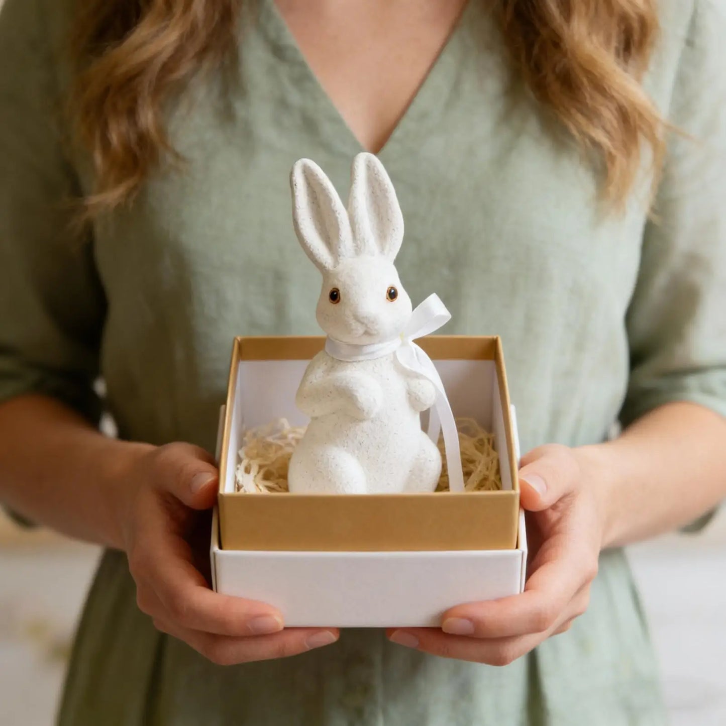 Easter Rabbit Garden Statue | Glitter Foam Bunny Figurine with Bow