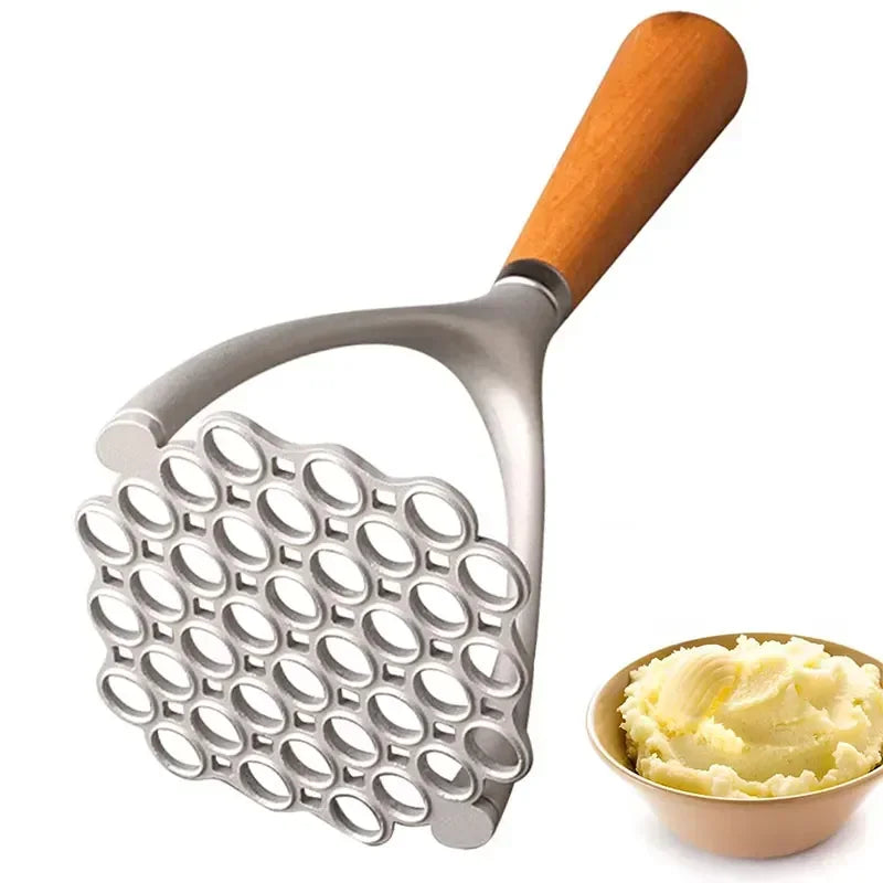 Aluminum Manual Potato Masher Meat Potato Pressor Tool Whisk Food Cutter Crusher Wood Handle Garlic Pusher Kitchen Gadgets Peaceful Pleasures Health and Wellness