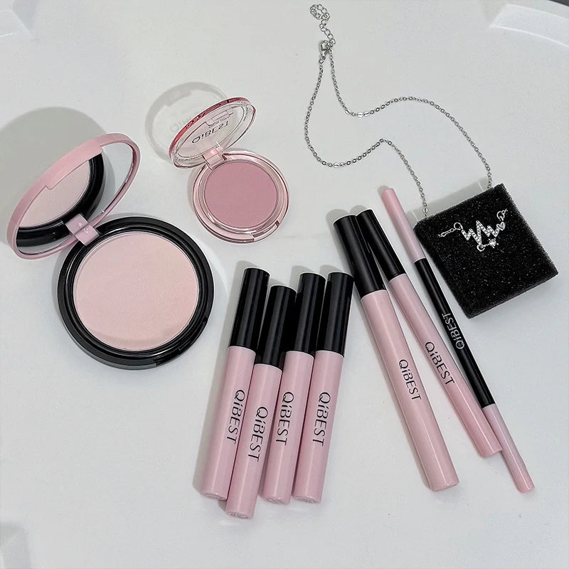 QIBEST Pink Camera Makeup Set Lipstick Pressed Powder Blush Lip Mud Eyeliner Mascara Eyebrow Pen Beauty Gift Box Cosmetic Kits Peaceful Pleasures Health and Wellness