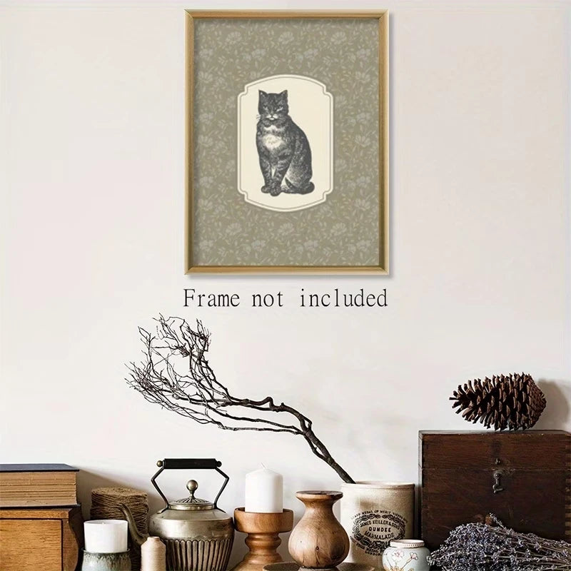 Retro Floral Cat Canvas Wall Art Print | Home Décor Poster