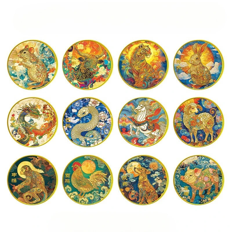 1PCS Colorful Twelve Zodiac Commemorative Medals Golden Coins Pig Dog Chicken Monkey Sheep Snake Horse Dragon Tiger Rabbit Gifts Peaceful Pleasures Health and Wellness