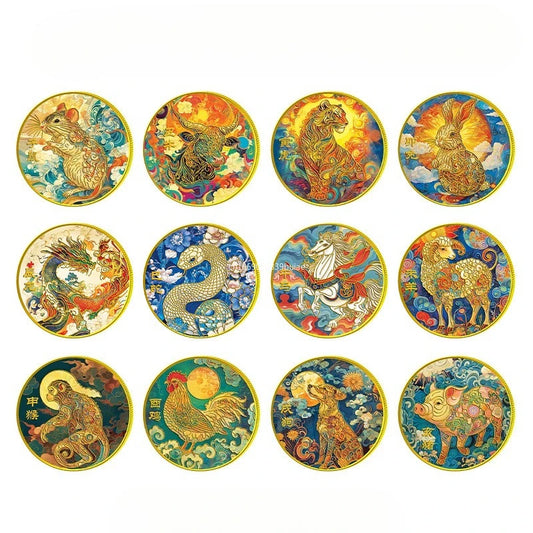1PCS Colorful Twelve Zodiac Commemorative Medals Golden Coins Pig Dog Chicken Monkey Sheep Snake Horse Dragon Tiger Rabbit Gifts Peaceful Pleasures Health and Wellness