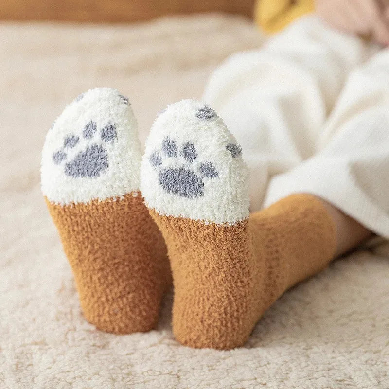 Women's Fuzzy Cat Paw Fluffy Socks | Warm Coral Fleece Floor Socks