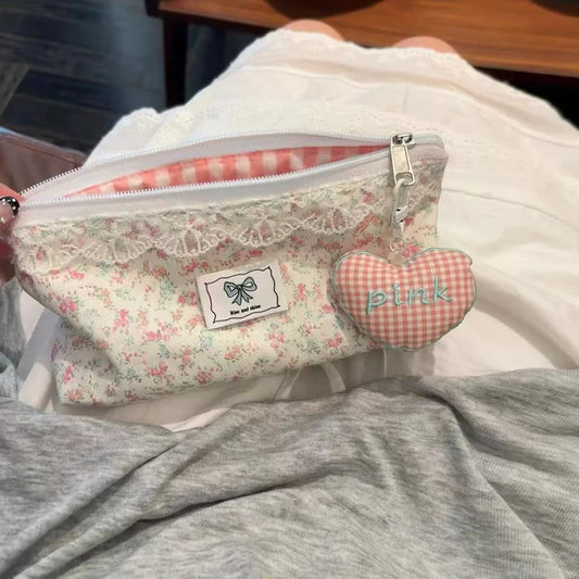 Fresh Lace Pink Floral Bow Pencil Case Ins Student Stationery Storage Peaceful Pleasures Health and Wellness