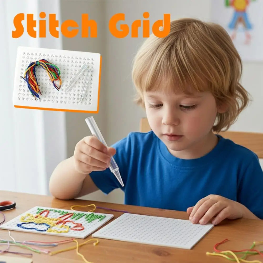 Handmade Kids DIY Threading Board Toy Colorful Grid Puzzle Rope