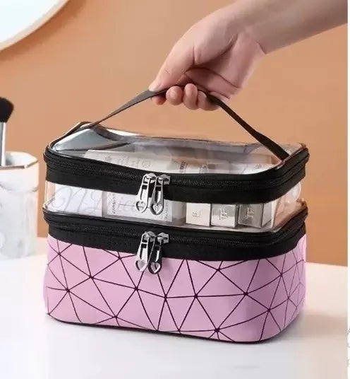 Double-layer Portable Large Capacity Makeup Bag Handheld Travel Waterproof Toiletry Bag Portable Cosmetics Storage Pouch Peaceful Pleasures Health and Wellness Dark pink
