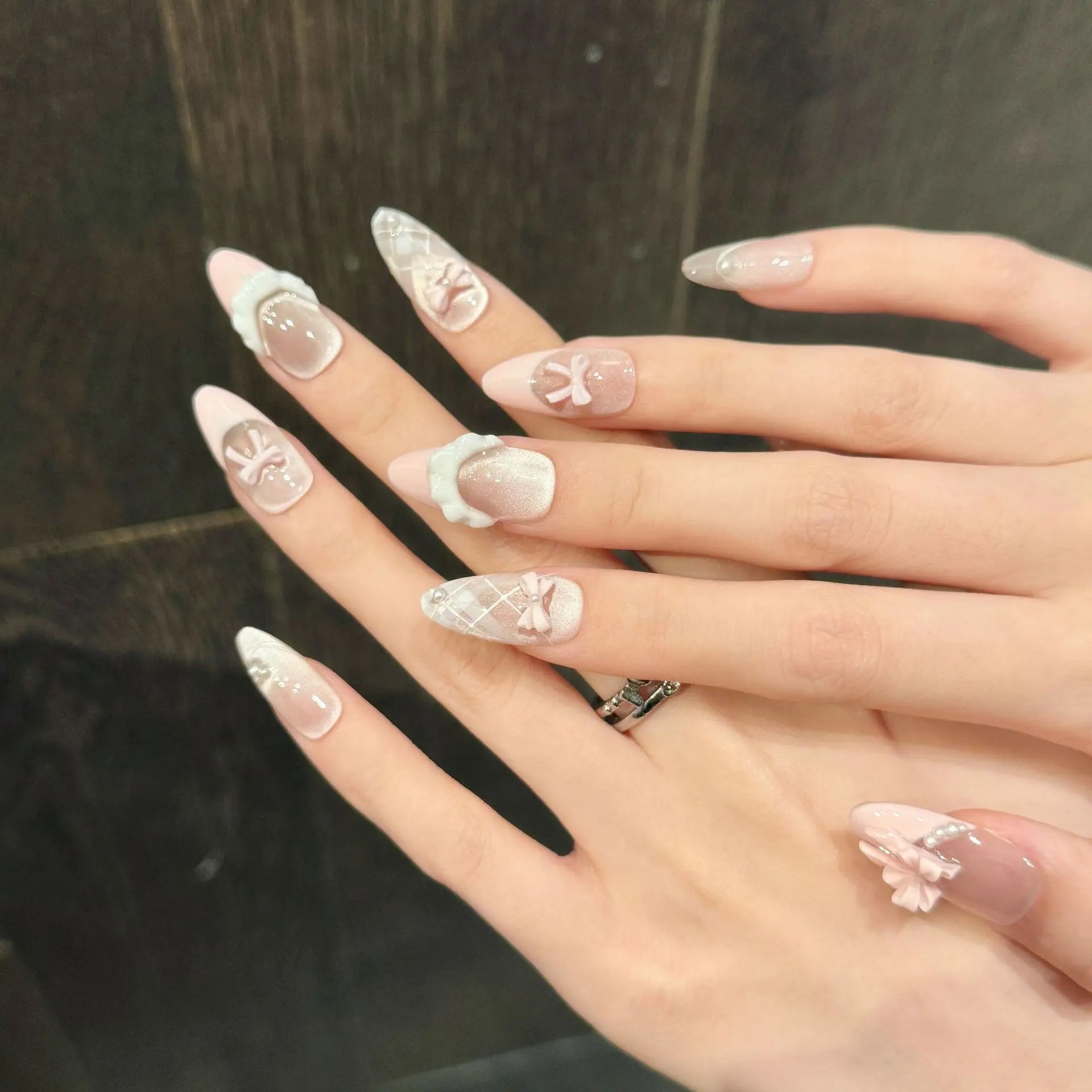 10pcs Handmade Press on Nails French Cat Eye Pink Bow Decor Korean False Nails Wearable Full Cover Ins Almond False Nail Tips Peaceful Pleasures Health and Wellness