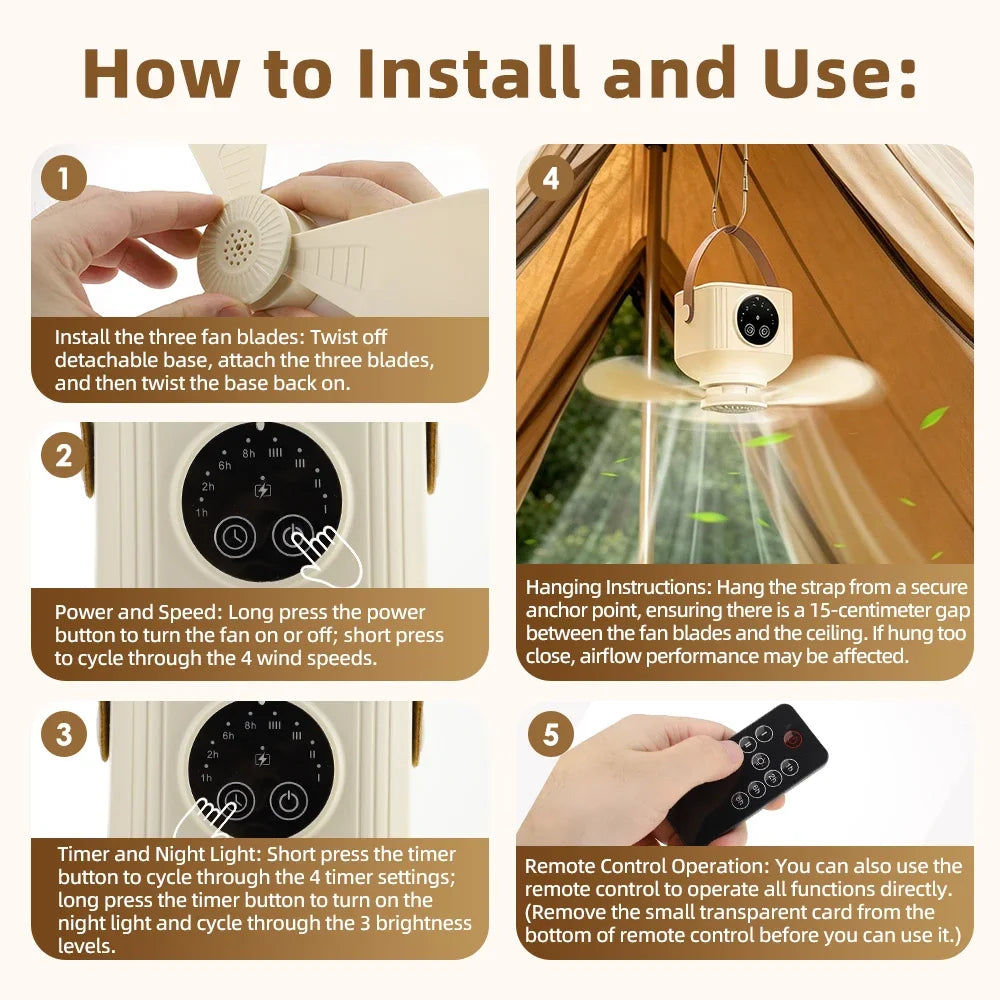 AFDEAL 7200mAh Portable Ceiling Fan – LED, Remote & Timer