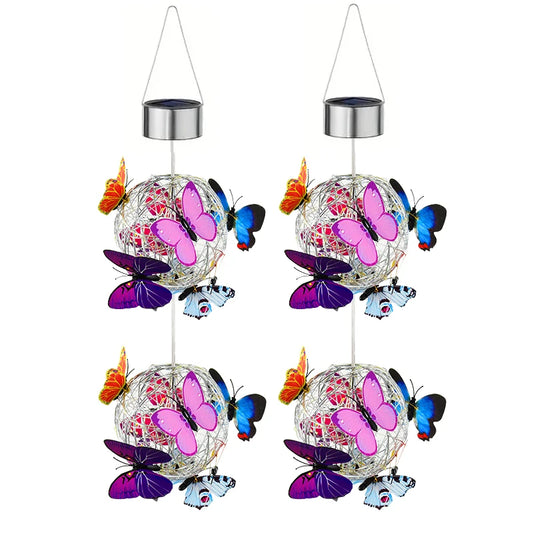 2 Balls Colorful Butterfly Solar Globe Light 4.3in Hanging Outdoor Lantern with Vibrant Butterfly Floral Lamp Solar-Powered Peaceful Pleasures Health and Wellness