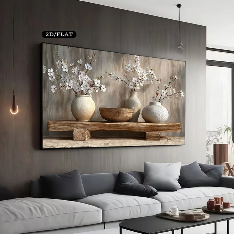 2D Flat Modern Minimalist Oak Flower Vase Shelf Canvas Poster for Living Room, Bedroom, Office Decor, Unframe Oak Tree Painting Peaceful Pleasures Health and Wellness