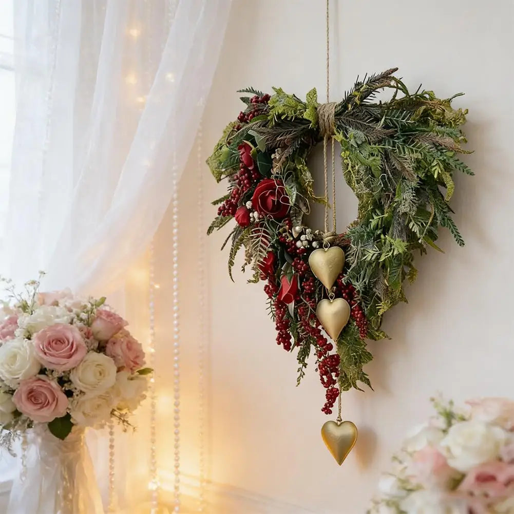 Festive Rattan Wreath with Berries & Hearts | Holiday Wall Decor