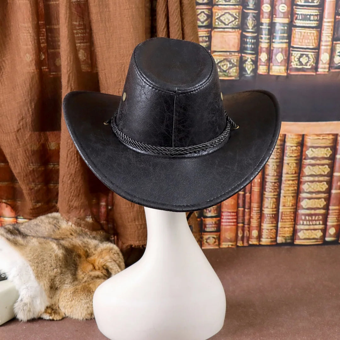 Vintage Faux Leather Big-edge Western Cowboy Hats Panama Gentleman