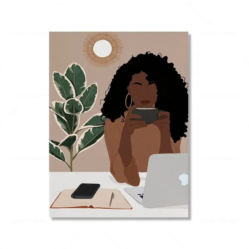 African Woman Reading Canvas Wall Art | Black Girl Poster
