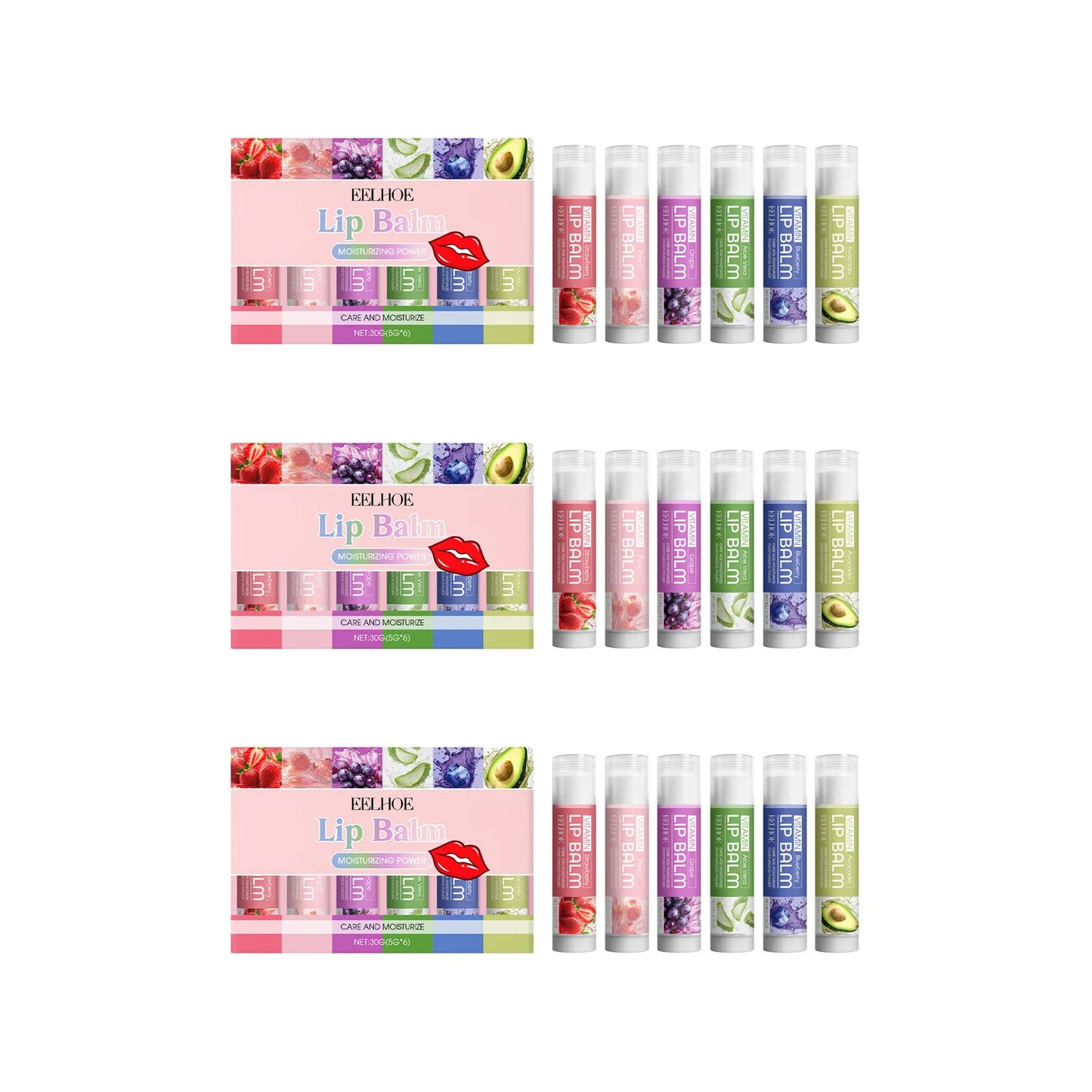 6-Piece Moisturizing Lip Balm Set – Beeswax & Fruit Extracts